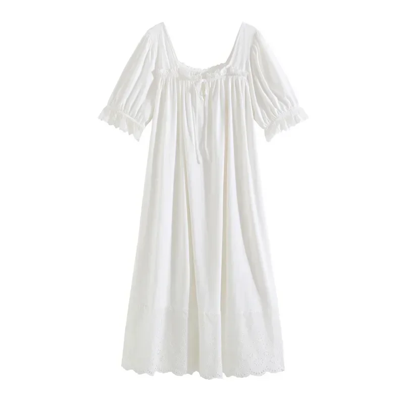 Chemise de nuit brodée en coton doux, vêtements de nuit longs en dentelle, col carré, manches courtes, vintage, princesse, printemps, été