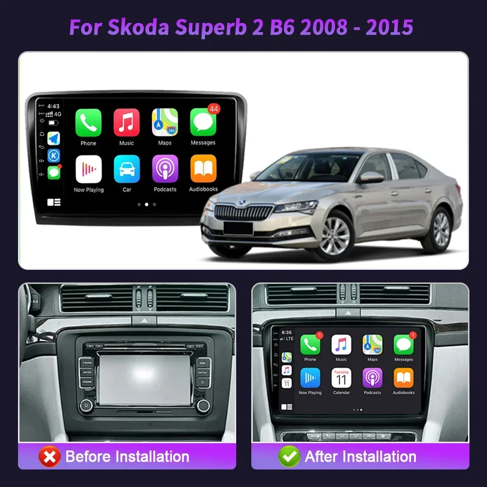 Android 14 For Skoda Superb 2 B6 2008-2015 Car Radio Head Unit Multimedia Navigation 4G GPS Wireless Carplay Stereo Touch Screen