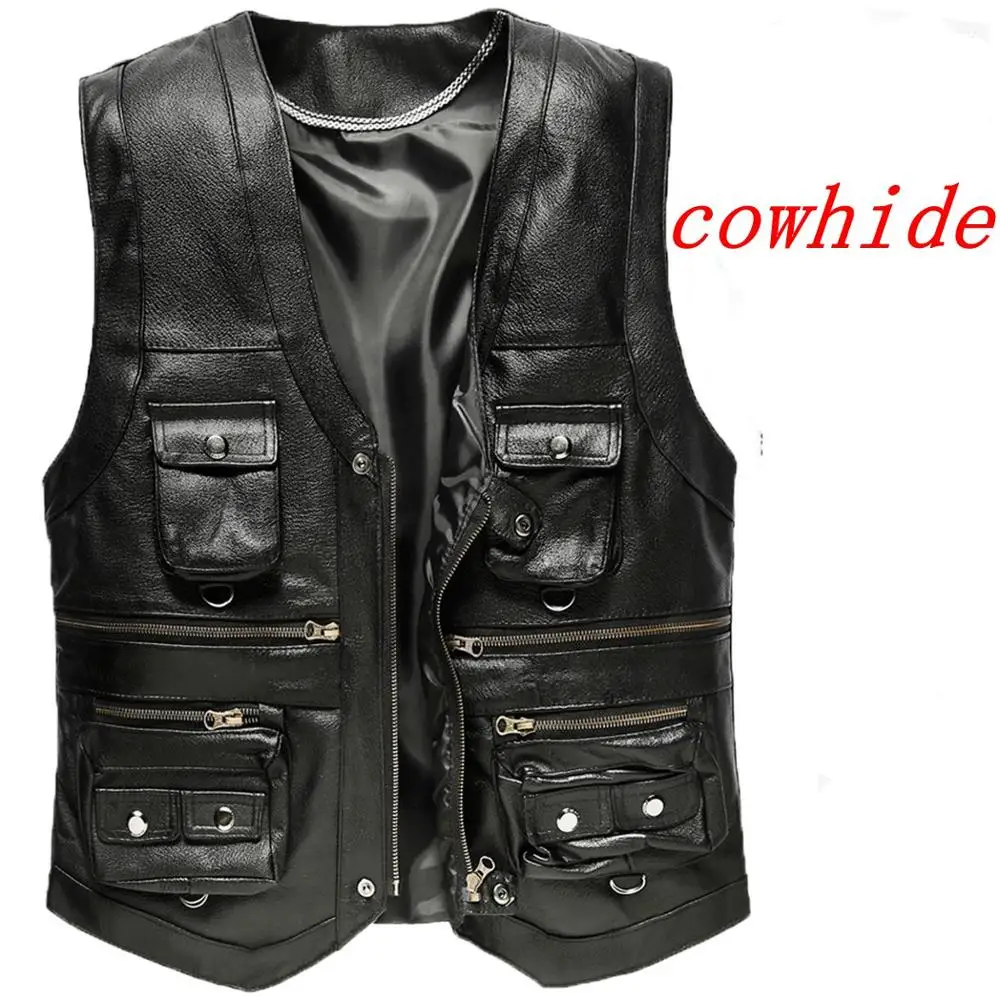 2023 Cowhide Genuine Leather Vest Men Waistcoat Male Sleeveless Jacket Thick Motorcycle Vest Multi Pocket leather biker vest