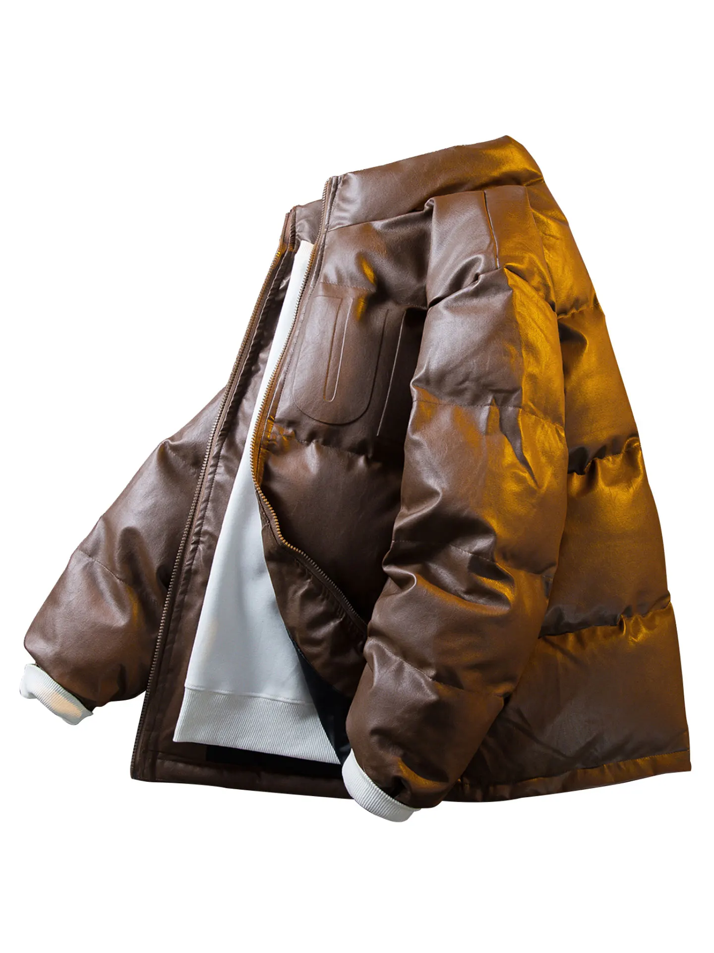 

MUSONMU Trendy American Cleanfit Windproof Leather Jaet Men Winter Casual Thiened Stand Collar Bread Sle Zipper Coat