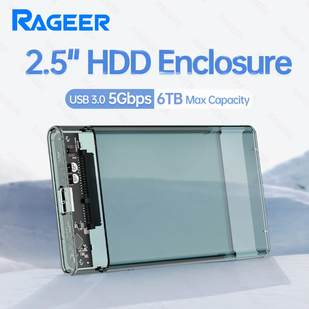RAGEER 2.5'' Tool‑Free Transparent Gray External Hard Drive Enclosure USB to SATA III HDD Case 5Gbps for 7mm/9.5mm HDD Drives