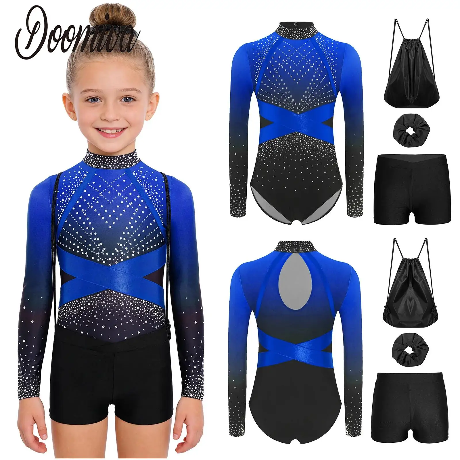 

Kids Girls Figure Skating Ballet Gymnastics Outfit Dance Practice Sets Long Sleeve Leotard Shorts And Hairband Drawstring Bag