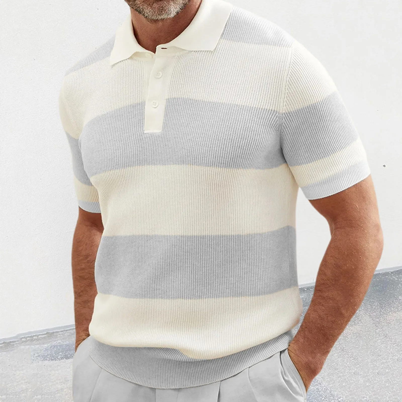 

Knitted Men's Matching Color Polo Shirt Short Sleeve Lapel Sweater Shirt Men's Button Short Sleeve High Quality T-shirt