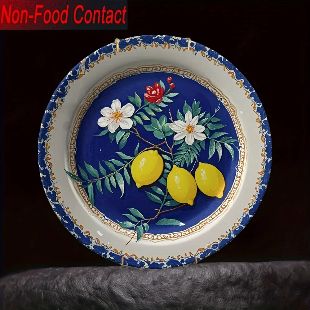 1pc Floral Lemon Ceramic Decorative Plate - Elegant Blue & White Design with Golden Accents, Non-Food Contact, Perfect for