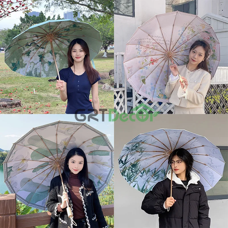 Retro Chinese Style 16 Ribs Hand Open Sun and Rain UV Umbrella Women Flower Shade Umbrellas Guarda Chuva Luxury Parasol Designer