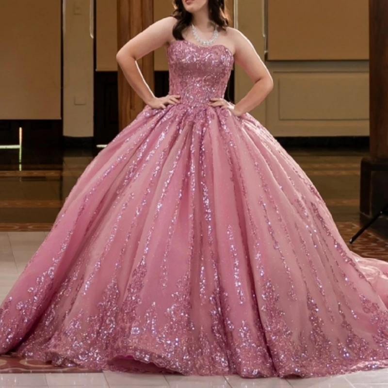 

Pink Shiny Quinceanera Dresses Ball Gown Off The Shoulder Applique Lace Beading Crystal Tull Sweet 16 Dress Vestidos De 15 Anos