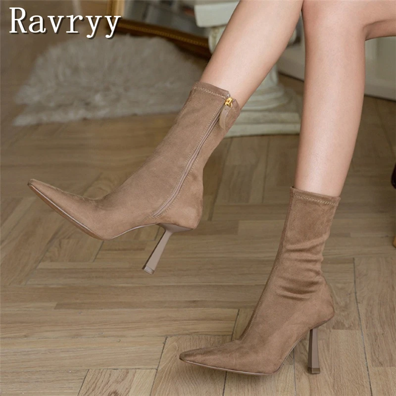 Women Designer New Suede Sock Boots Square Toe Zipper Elastic Slimming Ankle Boots Fashion Dress Party Shoes