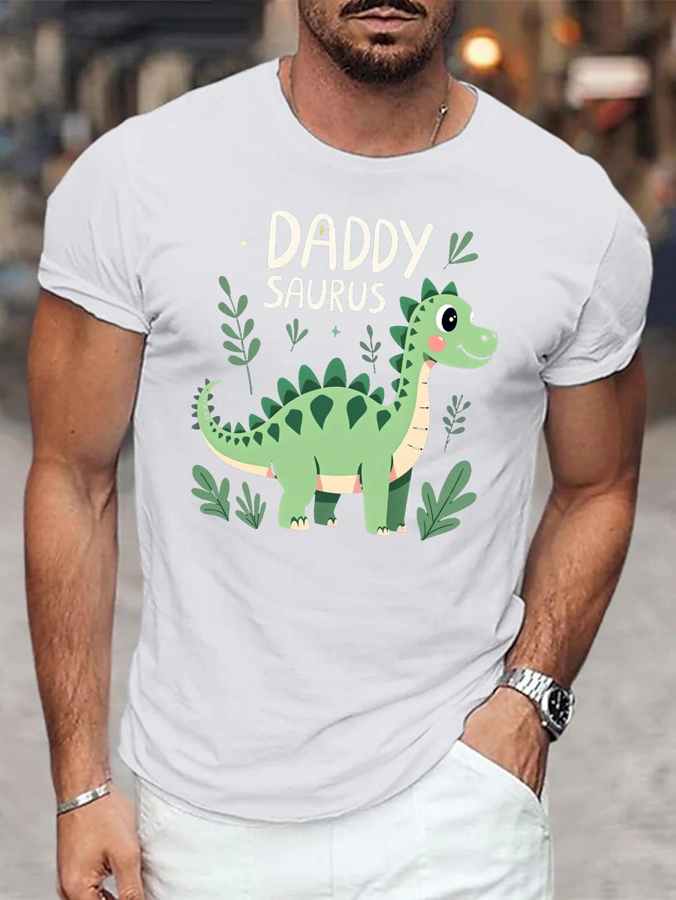 

Men'S Daddy Saurus Graphic T-Shirt - Casual Crew Neck Short Sleeve Tee with Cute Dinosaur Print, Light Blue Summer
