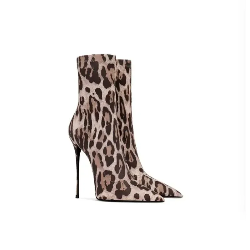 Brown Leopard Print Midsole Boots With Sexy Pointed Toe and High-End Elastic Feel for Women