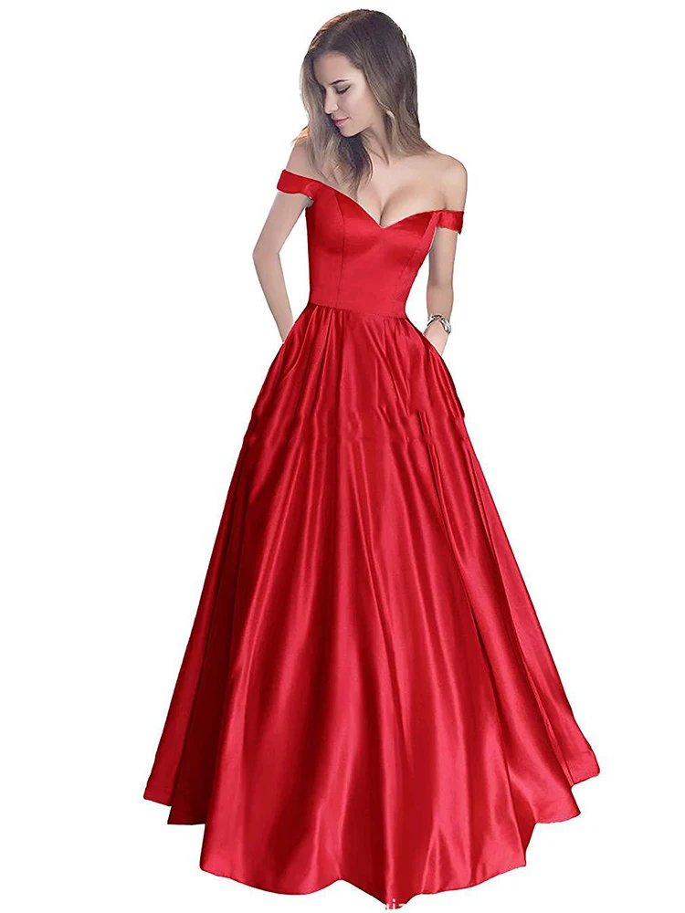 

GUXQD Off Shoulder Evening Dresses Women Satin V-Neck Prom Party Gowns Formal Vestido De Fiesta robes de soirée Abendkleider