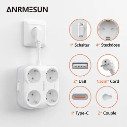 EU Plug Power Strip with 4 AC Outlets 2 USB 1 Type-C 0.5mm Cable Multi Socket with Switch for Home/Office Socket