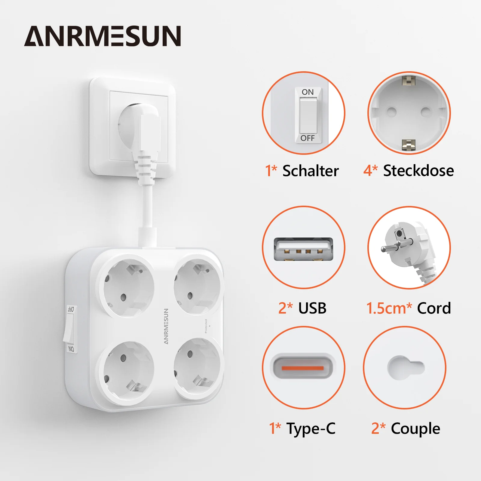 EU Plug Power Strip with 4 AC Outlets 2 USB 1 Type-C 0.5mm Cable Multi Socket with Switch for Home/Office Socket