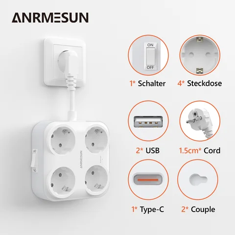 EU 플러그 4구 AC 콘센트, 2개 USB 포트, 1개 Type-C 0.5mm 케이블 멀티 소켓 (스위치 포함) 가정/사무실용