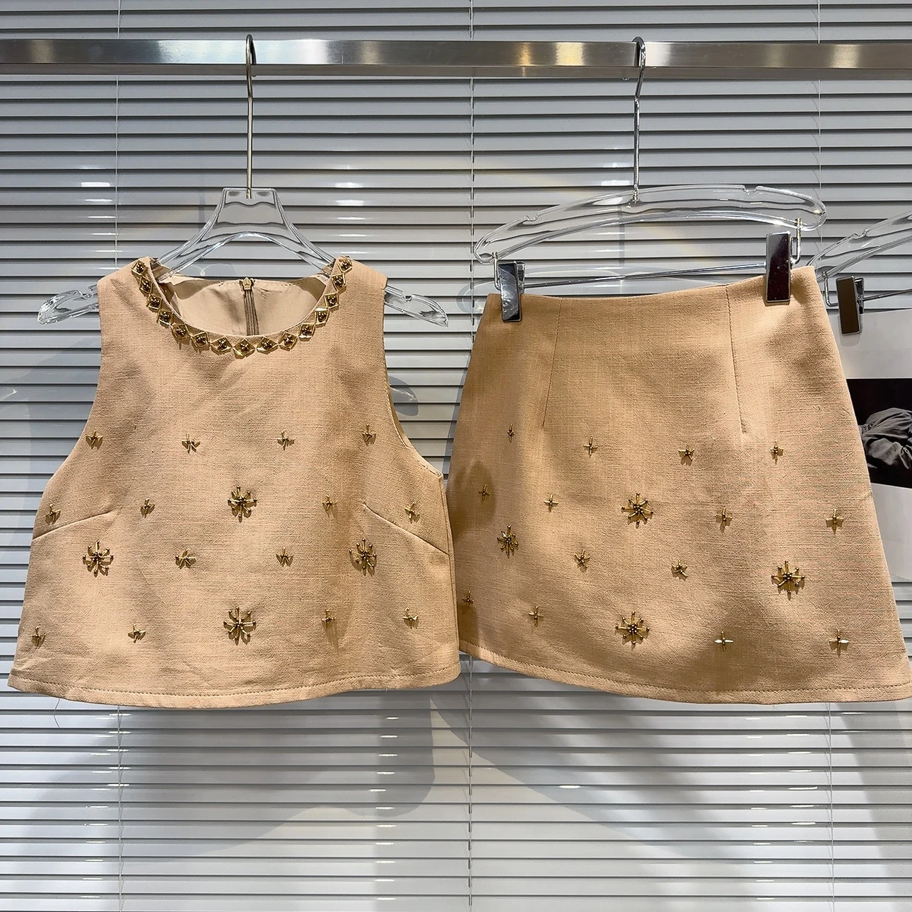 

Комплект из жилета и юбки ручной работы с цветочным принтом из бисера, женский летний наряд Faion, костюм из двух предметов во французском стиле для взрослых