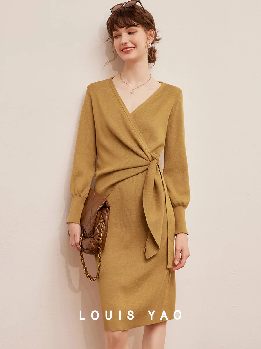 Louis yao 2025 primavera outono design de renda com decote em v com micro elástico fino ajuste manga longa vestido feminino