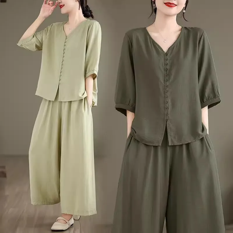 

Wide Leg Pants Set For Women's 2024 Summer Loose Slim V-Neck Temperament Single Breasted Top Cotton Linen Two-Piece Outfit k920