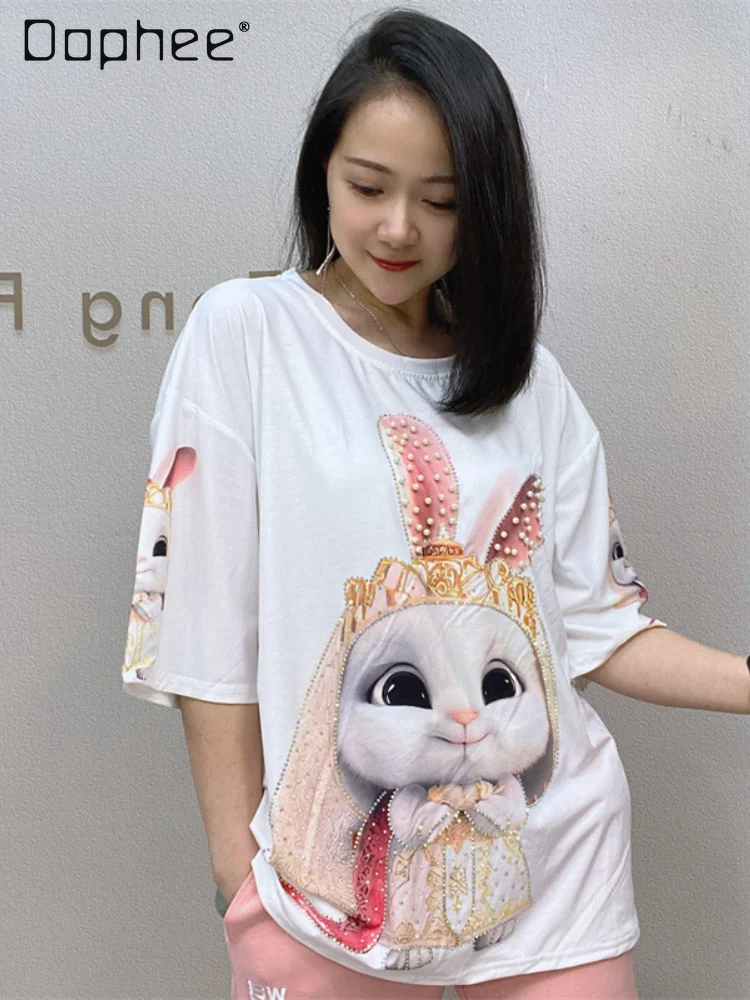 

Hot Drilling Printed Loose T-shirt Female 2024 Women's Clothing Casual Short-Sleeved Top Round Neck Pullover Short Sleeve Tops