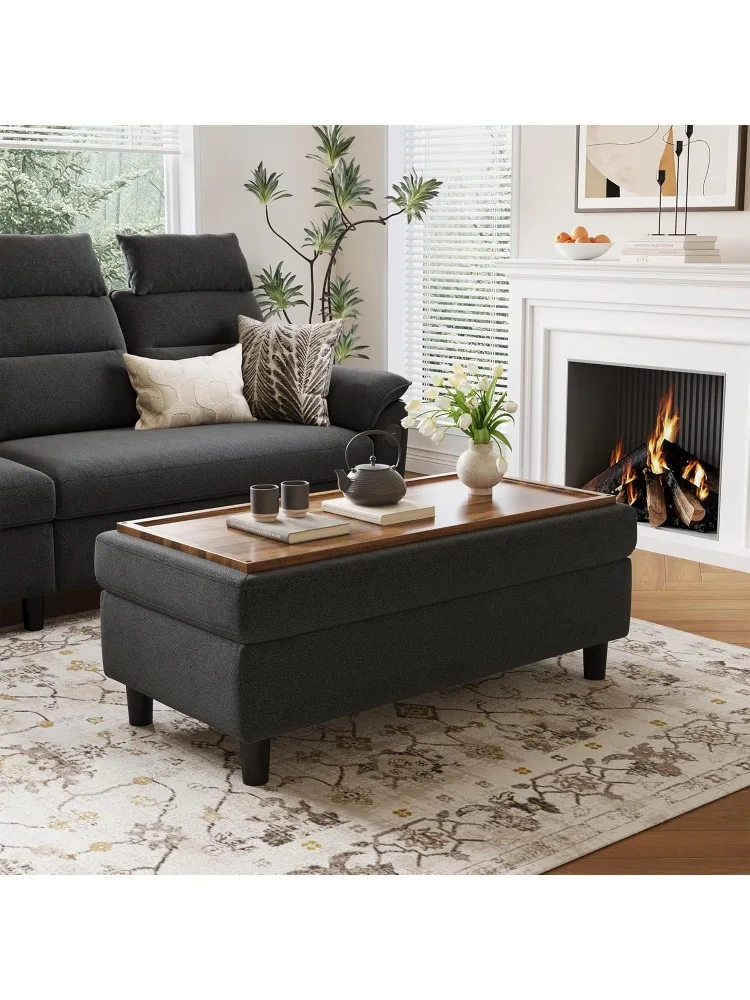 HOME Banc ottoman de rangement de 46 pouces de large, table basse en lin, repose-pieds longs pour chaussures, coffre de rangement, tabouret repose-pieds,