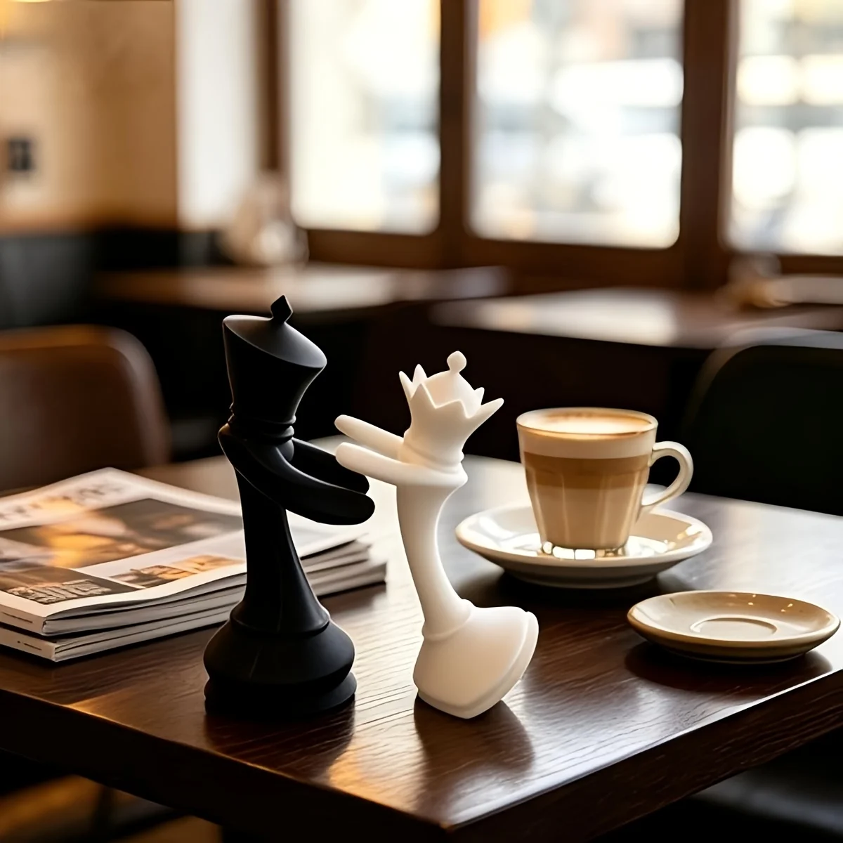 2-Piece Set (One Black, One White) King and Queen Embracing Chess Couple Statue Ornaments, Couple Statue Anniversary Engagement Wedding Gift, Desktop Ornaments, Halloween Christmas Gift