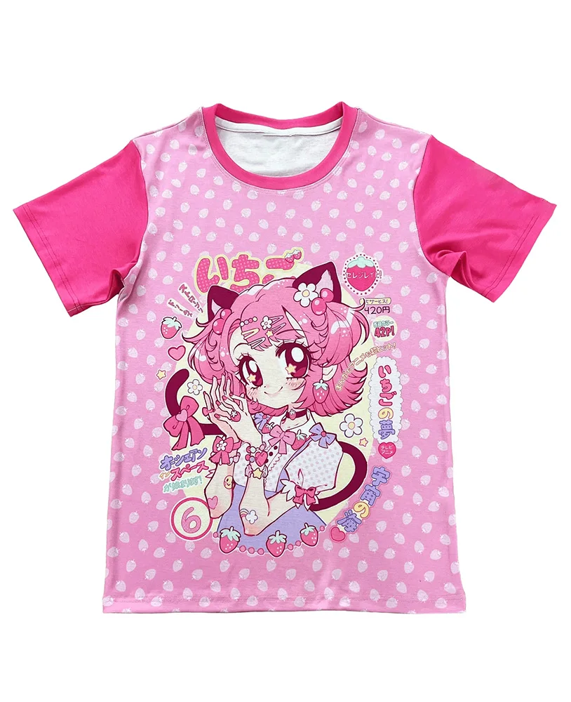 Bunte Candy Harajuku Wind Japanische Retro Manga Pink Tune Katzenohren Mädchen Erdbeer Große Lose Kurzarm – Detail 5
