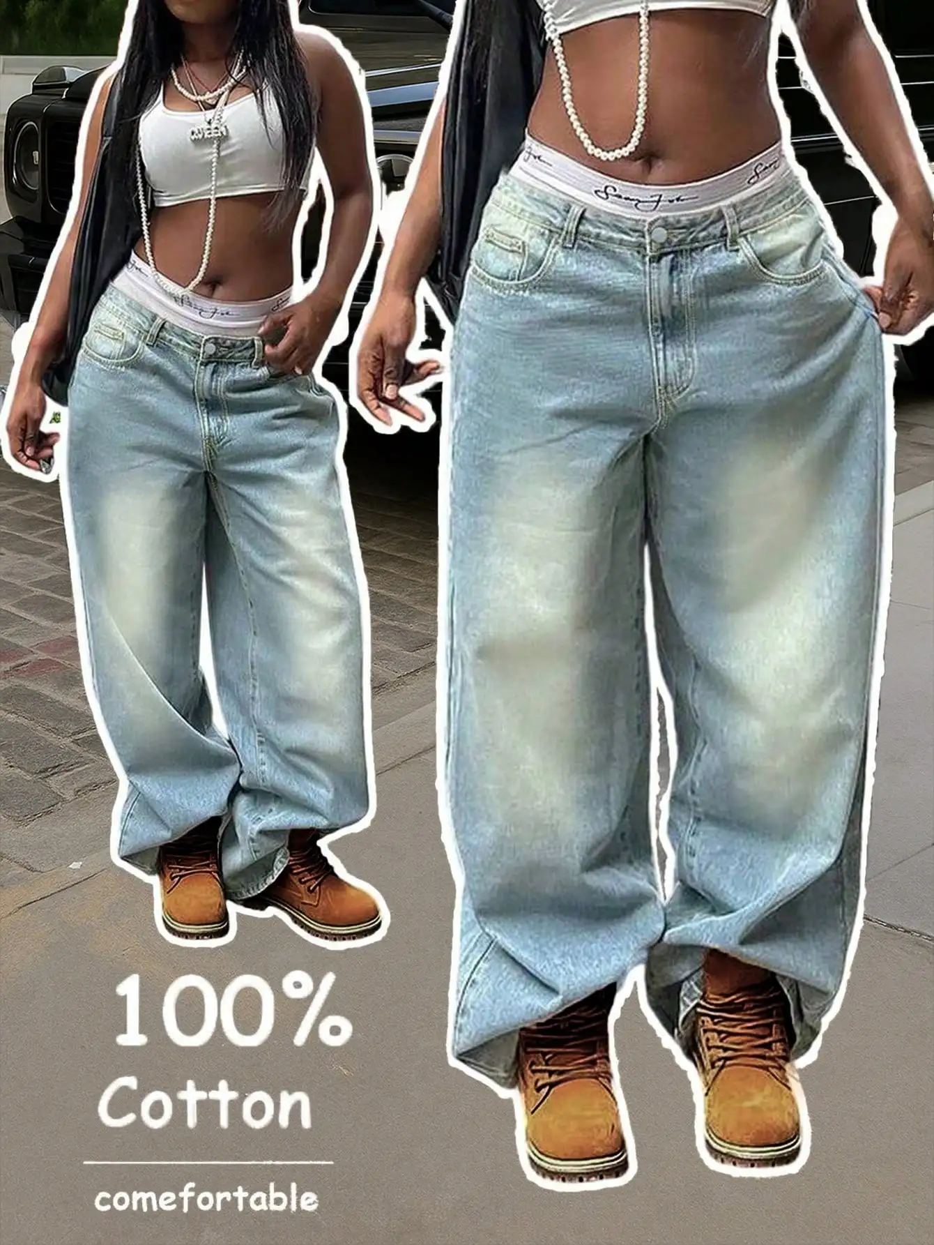 

Женские винтажные джинсы Y2K с эффектом потертости, широкие штанины, высокая талия, свободный крой, хлопковый деним для осеннего уличного стиля