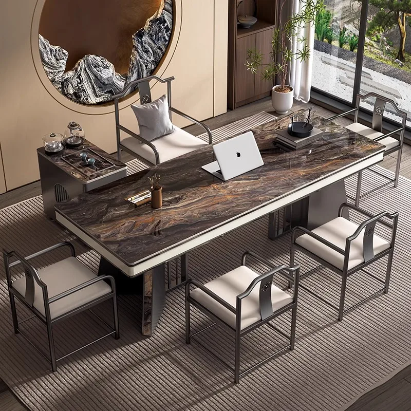 Rock slab tea table and chair combination office luxury stone tea table kettle integrated automatic large board table