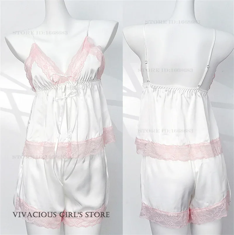 

Sexy Women's Lingerie Sets Pajama Summer New Suspender Pijamas Suit Loungewear Silky Satin Lace Sleepwear Female Home Clothes