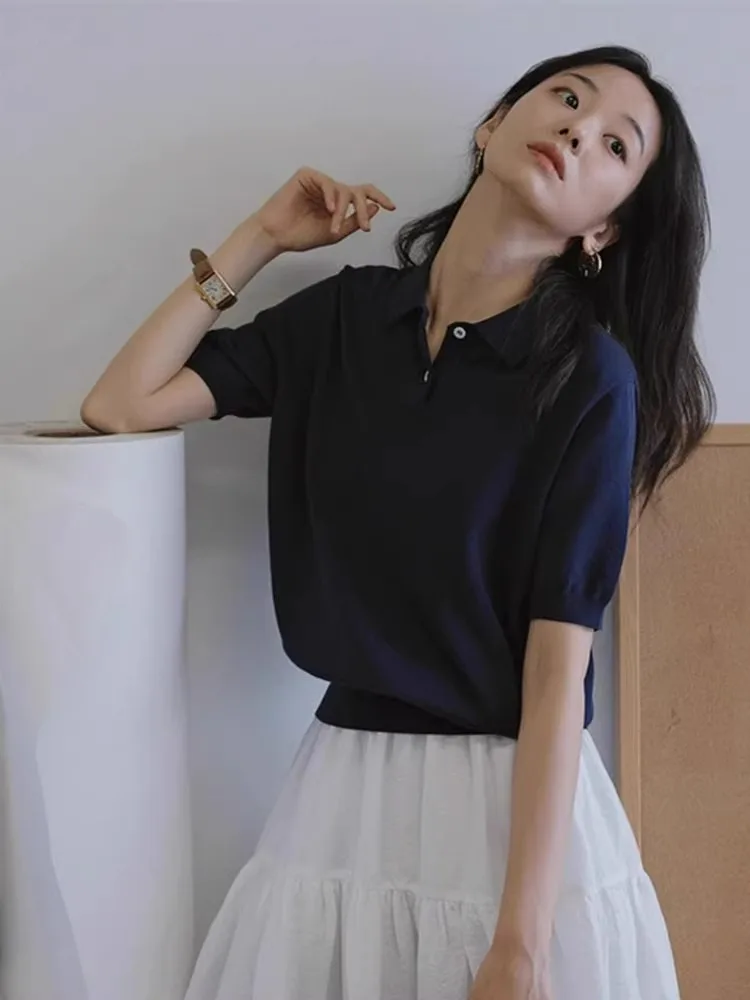 

Unique Design Knitted Ice Silk Ne ort Sve T-irt Women's Summer Thin Sle Faionable oulder Fit Korean Version