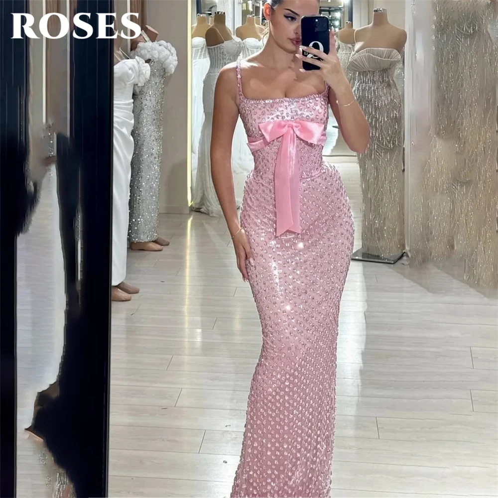 ROSES Pink Prom Dresses Spaghetti Strap Sleeveless Celebrity Dress with Bow Evening Dress Mermaid Full Beaded Bodice Customized