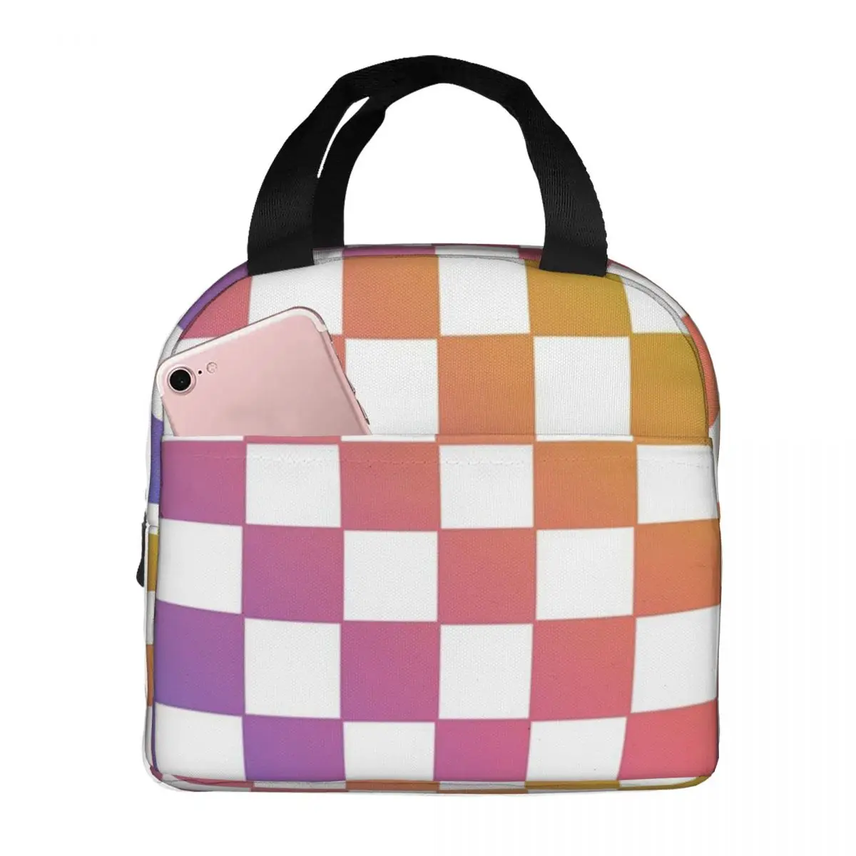 Checkered Rainbow Lunch Bags Insulated Bento Box Lunch Tote Resuable Picnic Bags Thermal Bag for Woman Children Travel