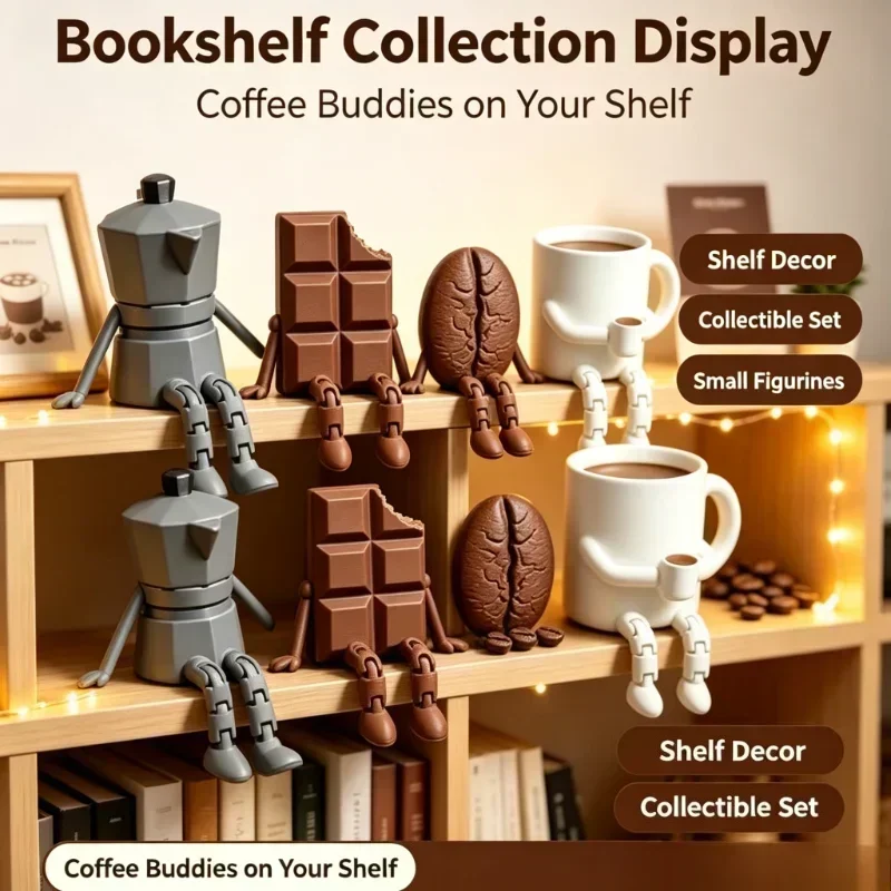 3D Printed Coffee Corner Decor Articulated Moka Pot Coffee Bean Cup Mug Chocolate Figures Coffee Station Shelf Decor Gift