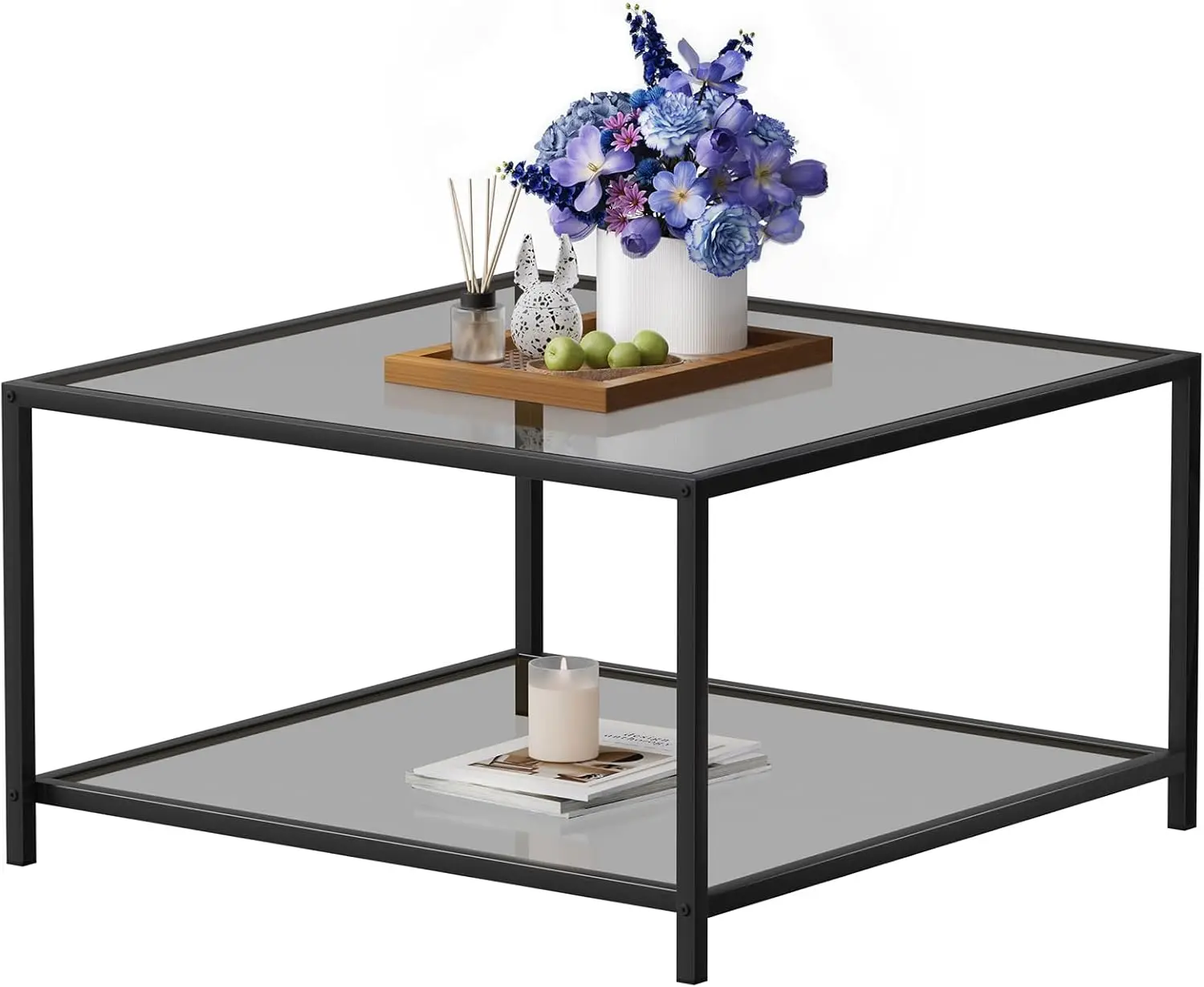 Saygoer Modern Coffee Table 2-Tier Glass Coffee Tables With Storage Simple Square Center Table For Living Room Home Office,