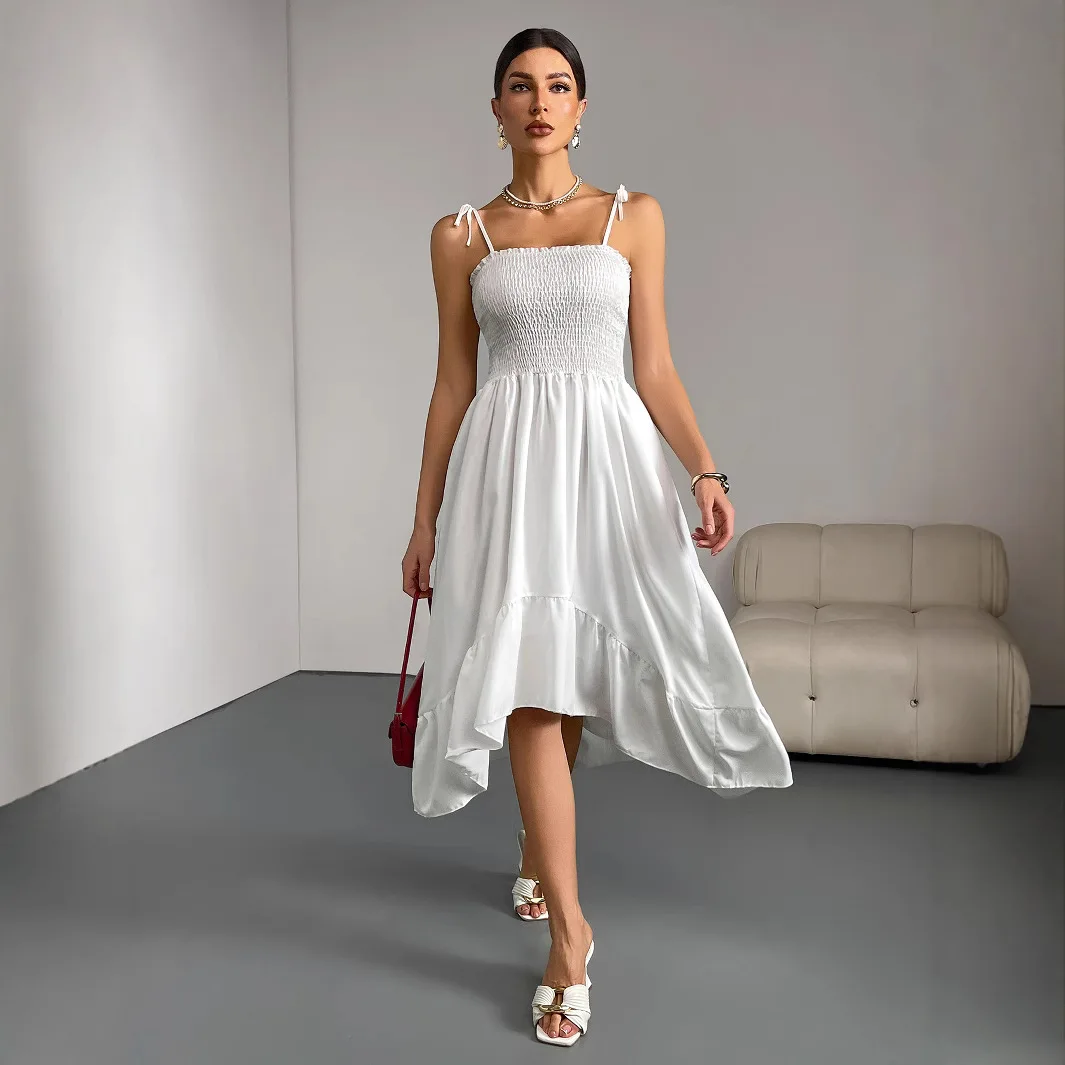 Summer New Women's Par Dr Pure Color Svel Pleated Asymmetrical Strap Long Skirt High Waist A-Line Gown Commute Sle
