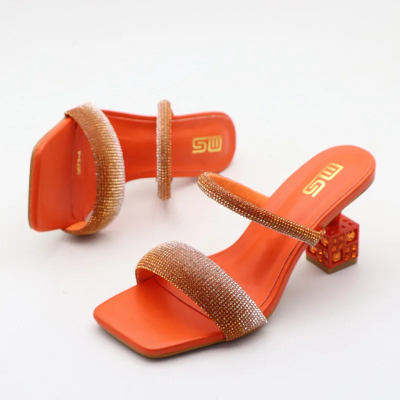 Big Size Female Shoes Glitter Slides Transparent Slippers Low Square Toe Women Heels 2023 Jelly High Soft Fabric PU Rome Sexy Ba