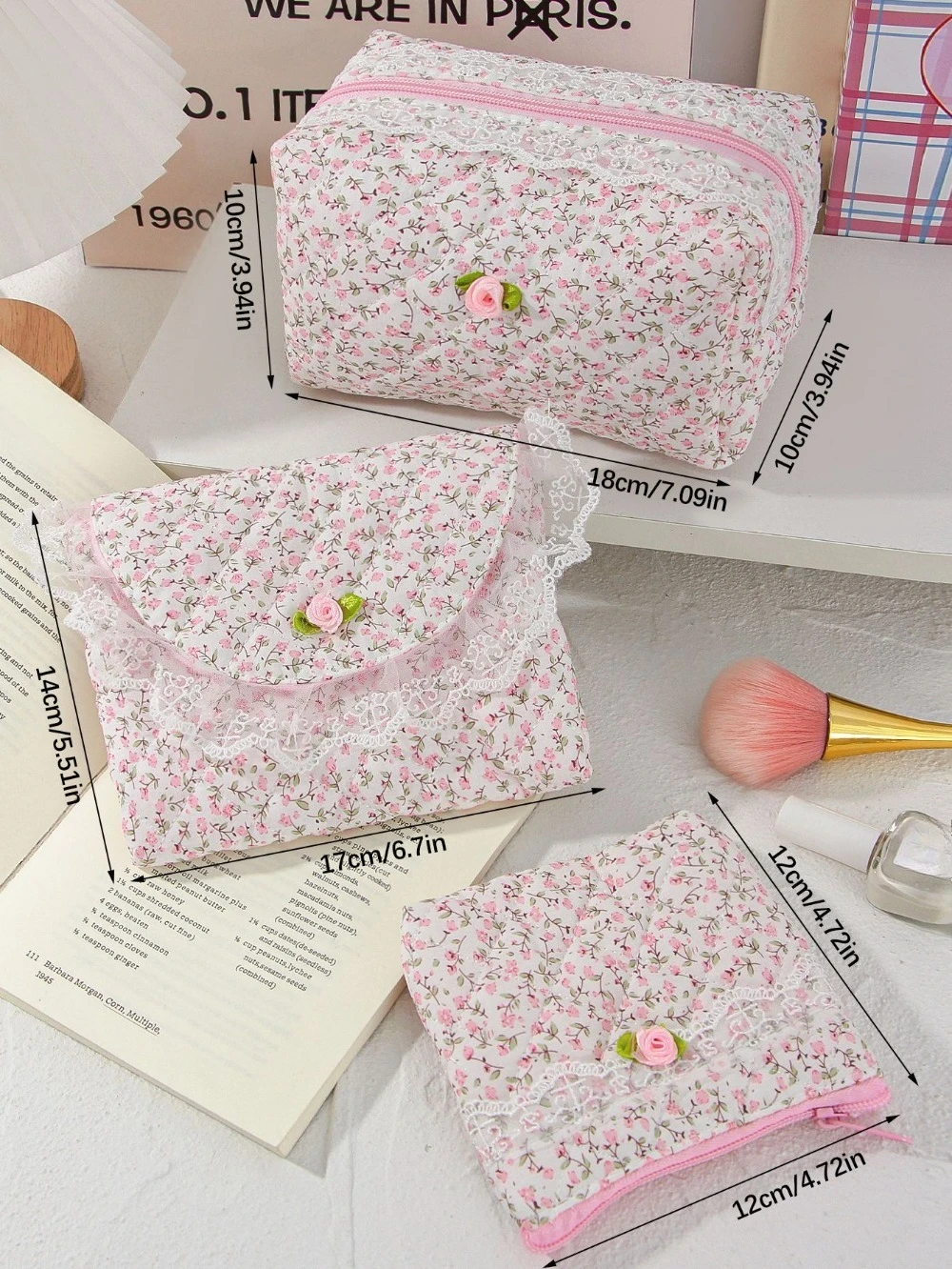 المرأة الدانتيل زهرة طباعة حقيبة مستحضرات التجميل سعة كبيرة ماكياج المنظم السفر حقيبة أدوات الزينة حقيبة التخزين طالب سستة مقلمة #6