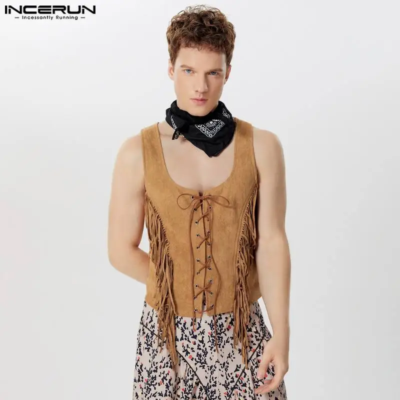 INCERUN Tops 2024 American Style Fashion Men\'s Front Middle Strap Design Vests Male Personality Patchwork Tassel Tank Tops S-5XL