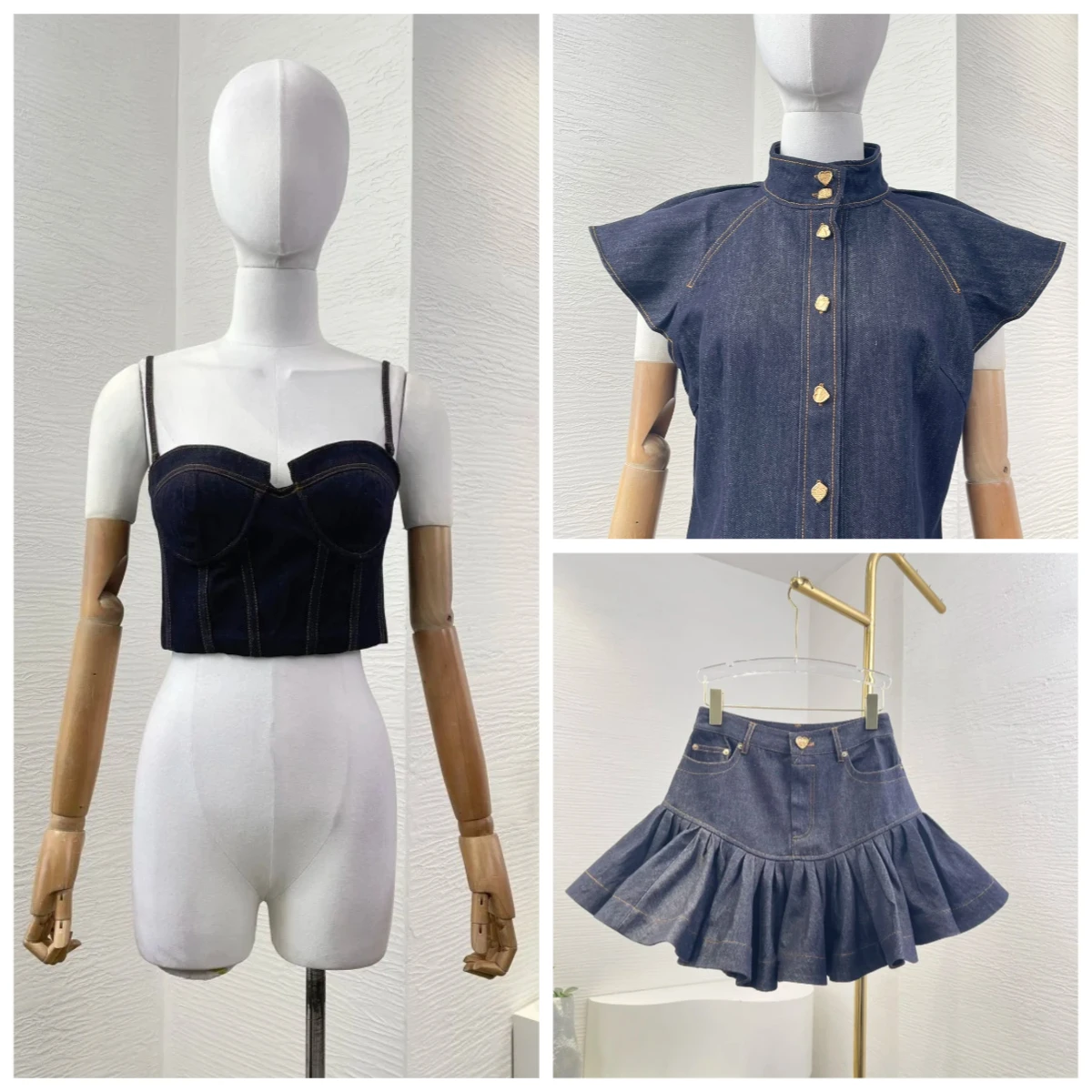 

2025 New Fashion Navy Blue Short Sleeve Denim Stand Collar Blouse Tops and Ruffles Skirt Set
