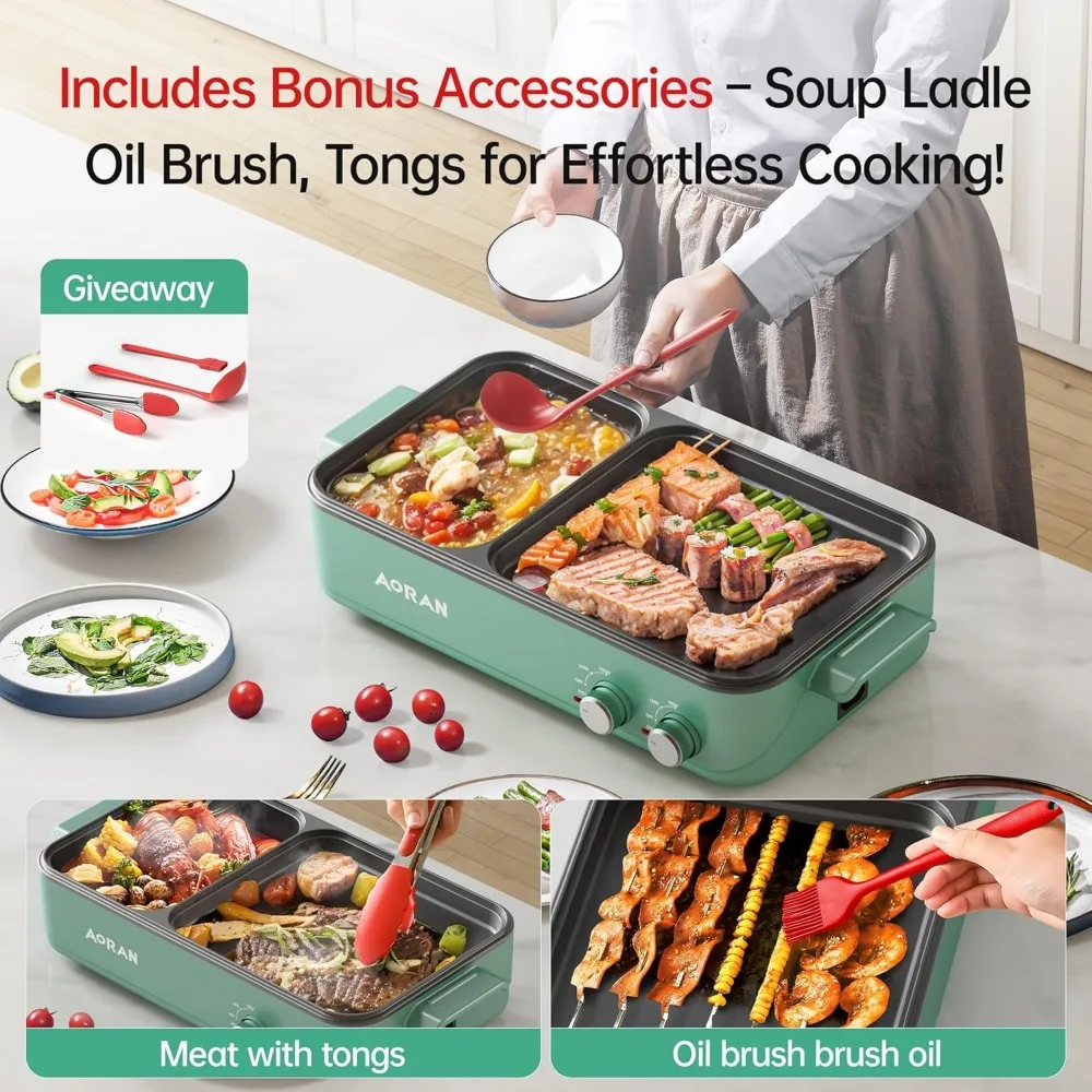 グリル付き電気鍋、韓国バーベキュー、しゃぶしゃぶ、麺類用の2-in-1屋内ノンスティックポット、デュアル温度制御、クイック