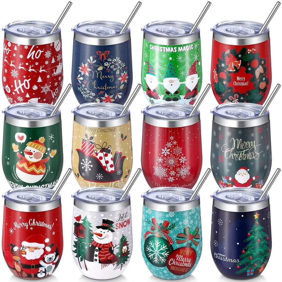 

12 Pack Christmas Tumbler Bulk with Lid and Straw Brush, 12 oz Xmas Stainless Steel Vacuum Insulated Coffee Cup Travel Mug for H