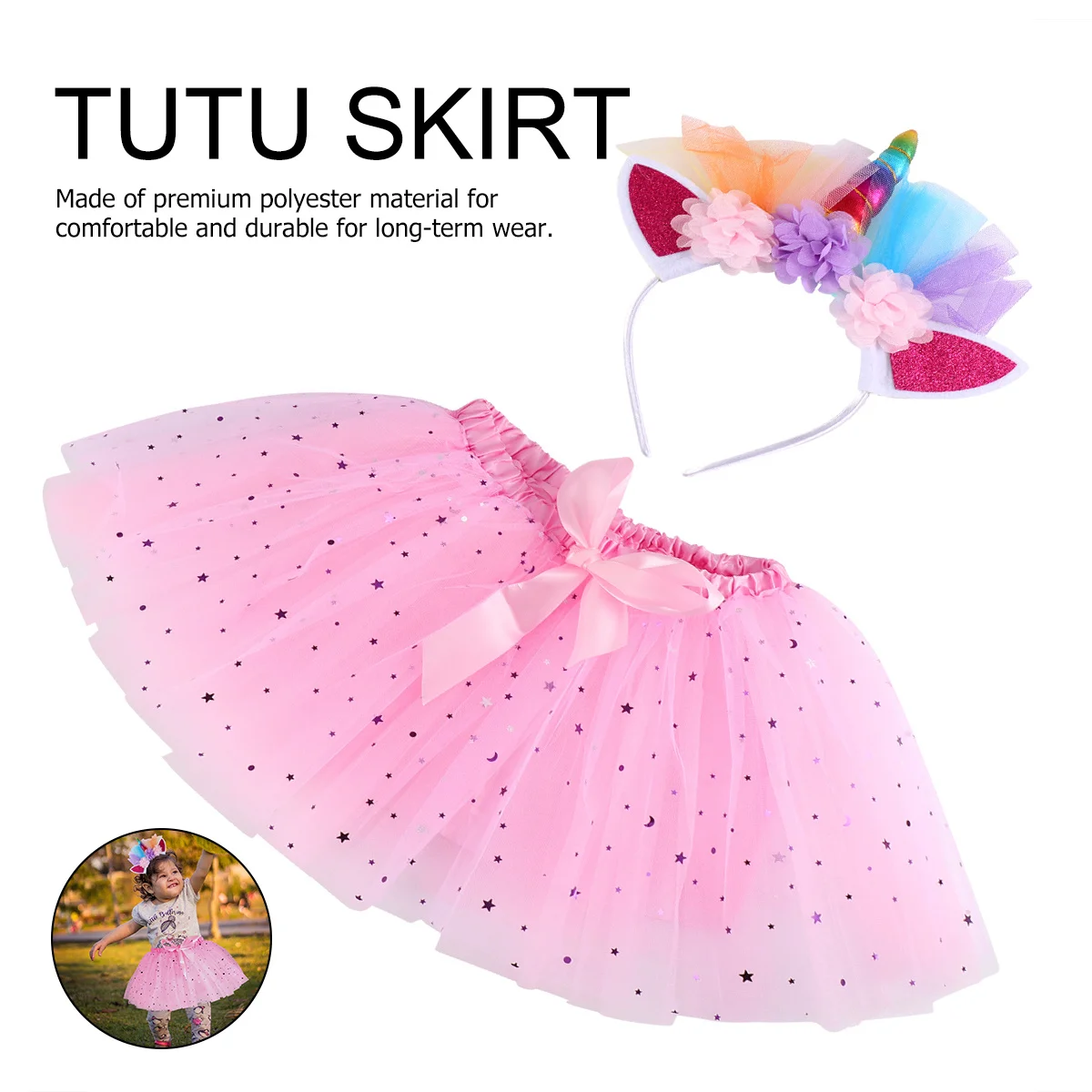 

1Set Girl Tutu Skirt Set Colorful Layered Tulle Skirt for Halloween Party Carnival Costume Dress Unicorn Hairband