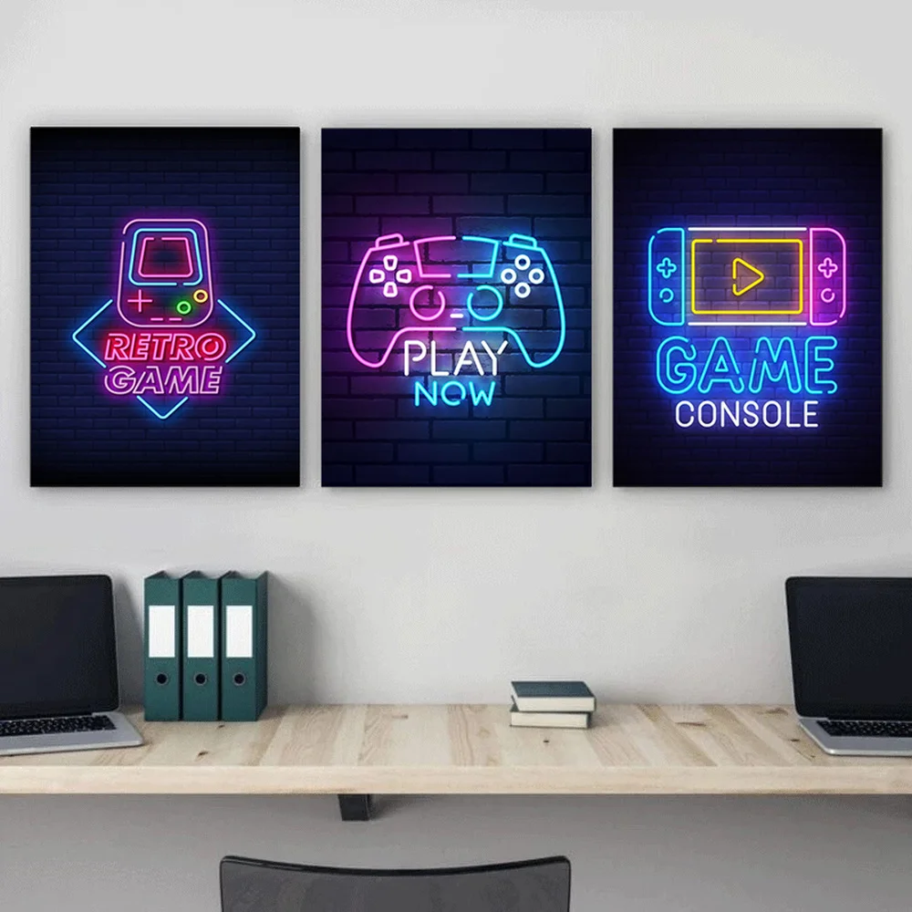 Eat Sleep Game Repeat Neon Poster and Prints Gamer Canvas Art Paintings Gamepad Wall Art Picture for Playroom Home Decoration