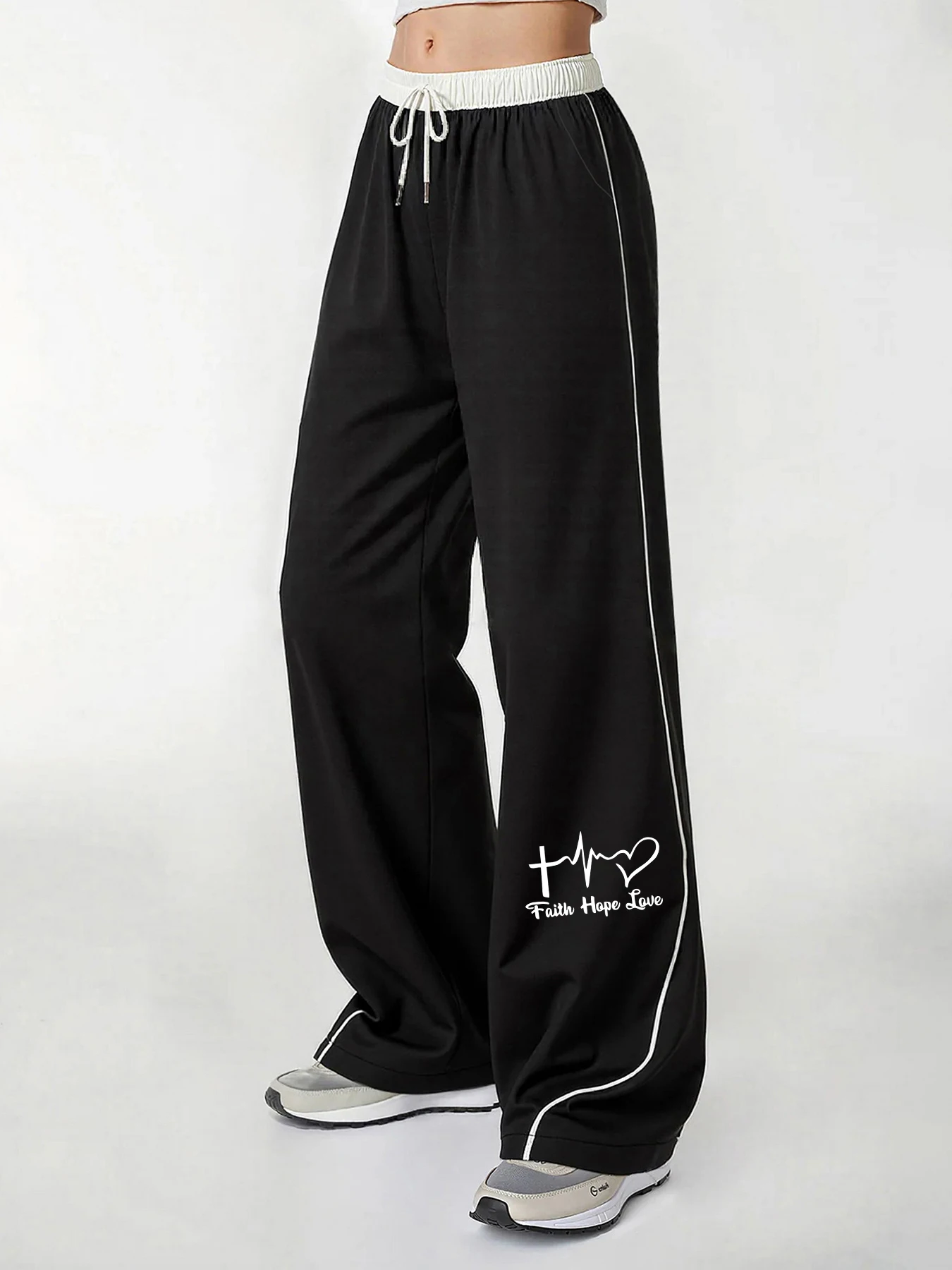 Women's Casual Pants, a Must-Have for Trendy Looks, Gentle and Inspirational Style for Spring and Autumn. Faith Hope Love Wide-Leg Pants with Elastic Drawstring Waist, Comfortable and Relaxed, Unique Women's Long Pants for Spring and Autumn, Perfect for Girls' Gatherings, Women's Fashion