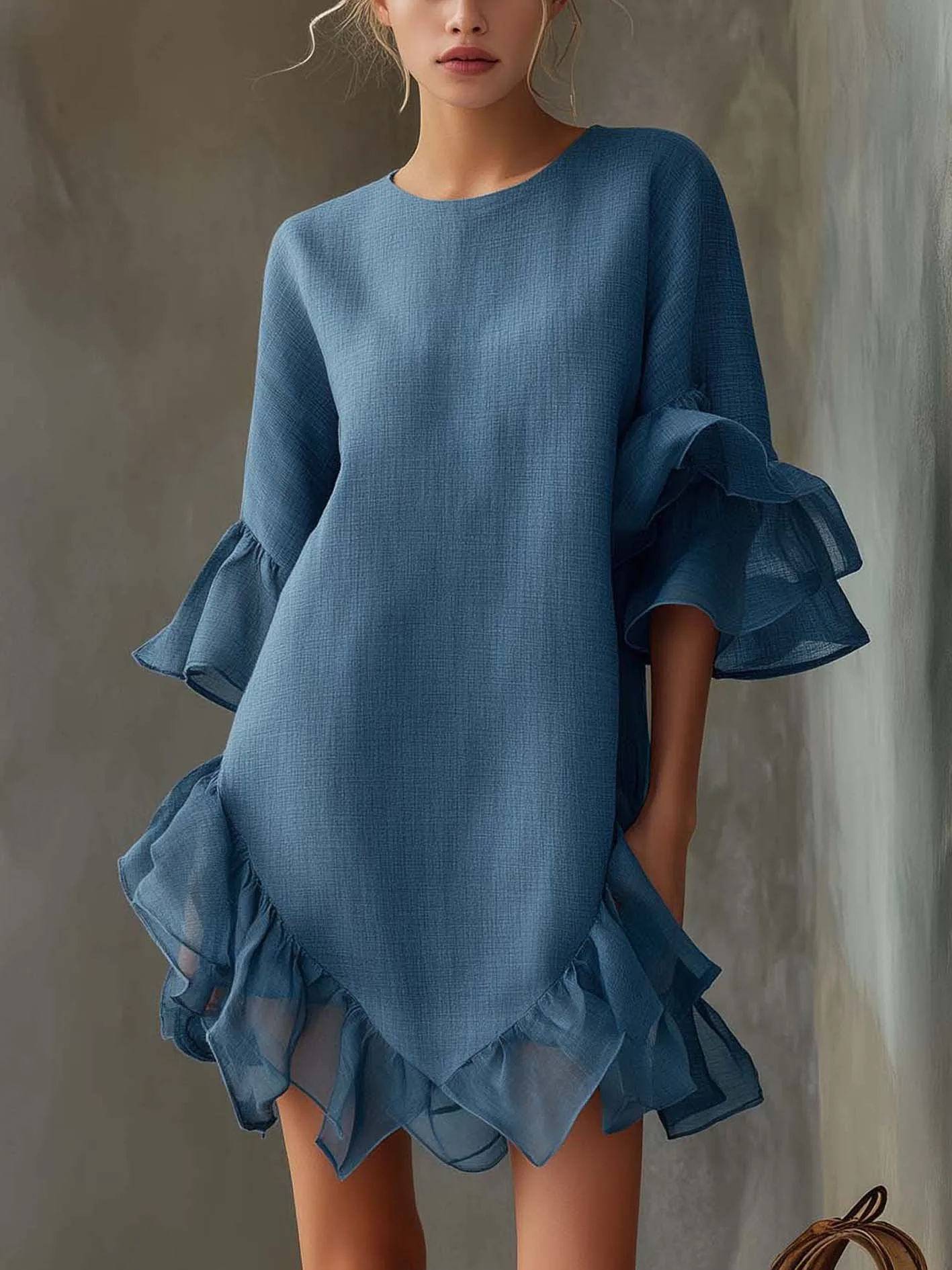 

Fashionable Cotton Linen Chiffon Dress for Women Casual Summer Solid Color Loose Ruffle Irregular Hem Splicing Mini Dresses