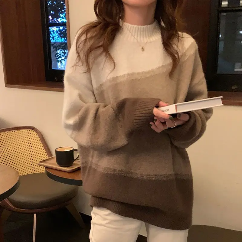 2023 Autumn/Winter Korean Edition New Gradient Women's Sweater Loose and Versatile Lazy Fashion Knitted Sweater Trend