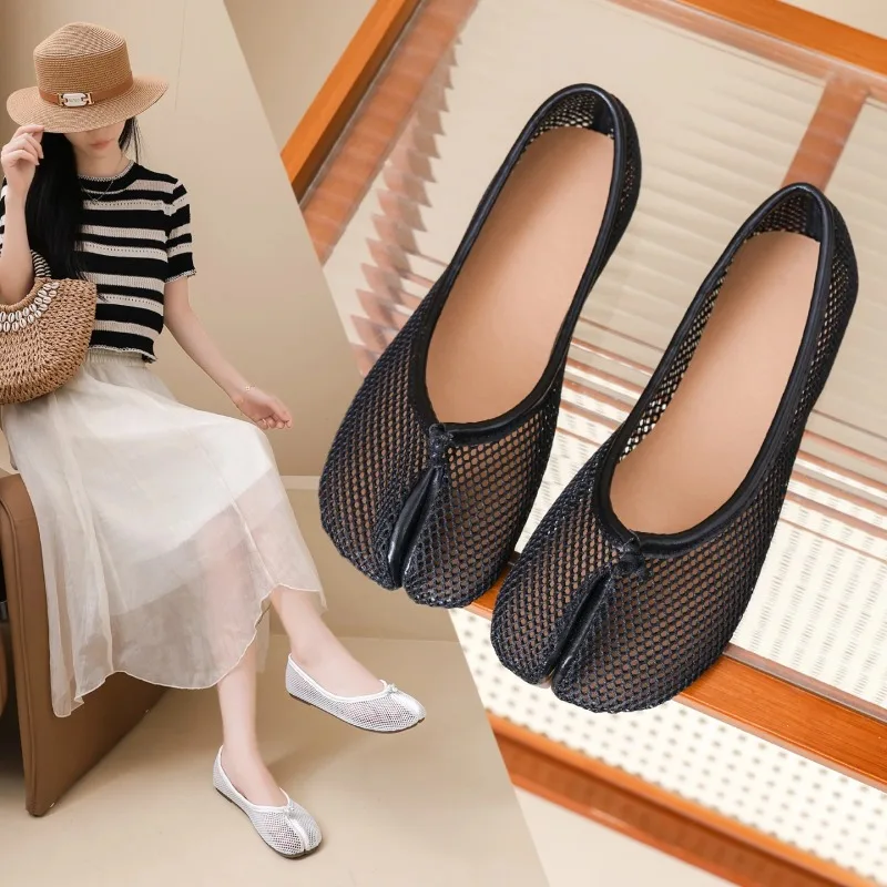 Retro Split-Toe Horse Hoof Shallow Single Shoes for Women 2026 New Woven Fishnet Slip-On Granny Shoes - view 6