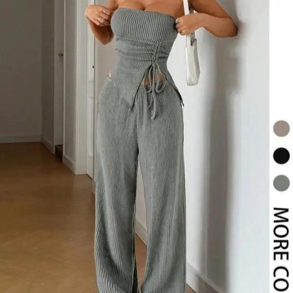 

Новый женский комплект 2025 года: однотонный топ с поясом и брюки с широкими штанинами, повседневная спортивная одежда для осеннего сезона, шорты с рукавом 3/4