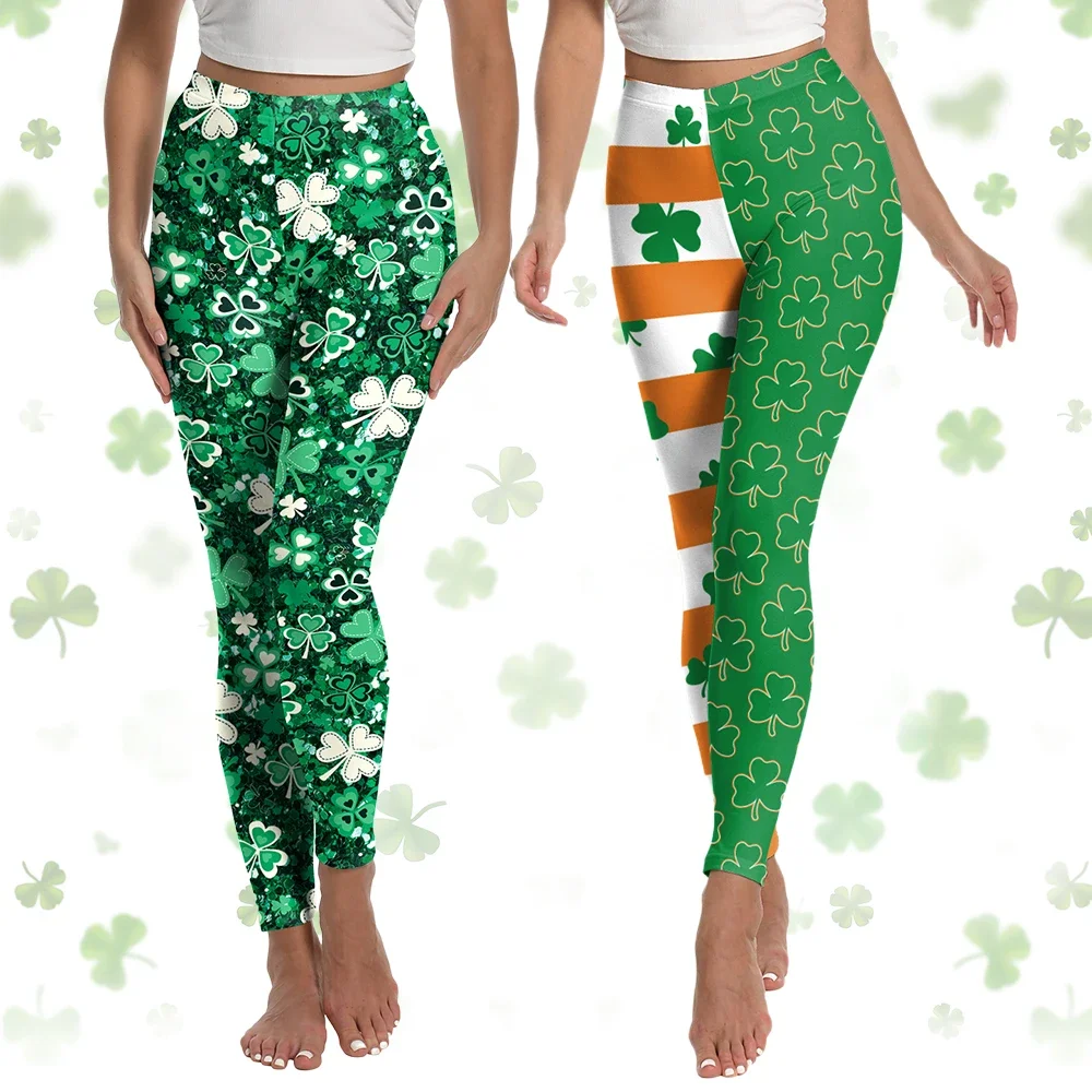 Lucky Clover Leggings for Women Saint Patrick's Day Party Green 3D Printed Skinny Pants Irish Festival Yoga Leggings