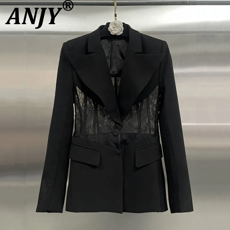 ANJY 2026 Spring Autumn New Women European Fashion Elegant Casual Blazers Hot Girl Personality Lace Patchwork Suit Jacket A19154