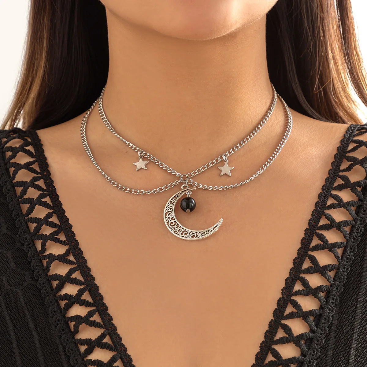 Necklace U Shape Geometric Chain Star Tassel Moon Pendant Retro Chic Edgy Evening Banquet Jewelry Ladies Gold Tone Durable
