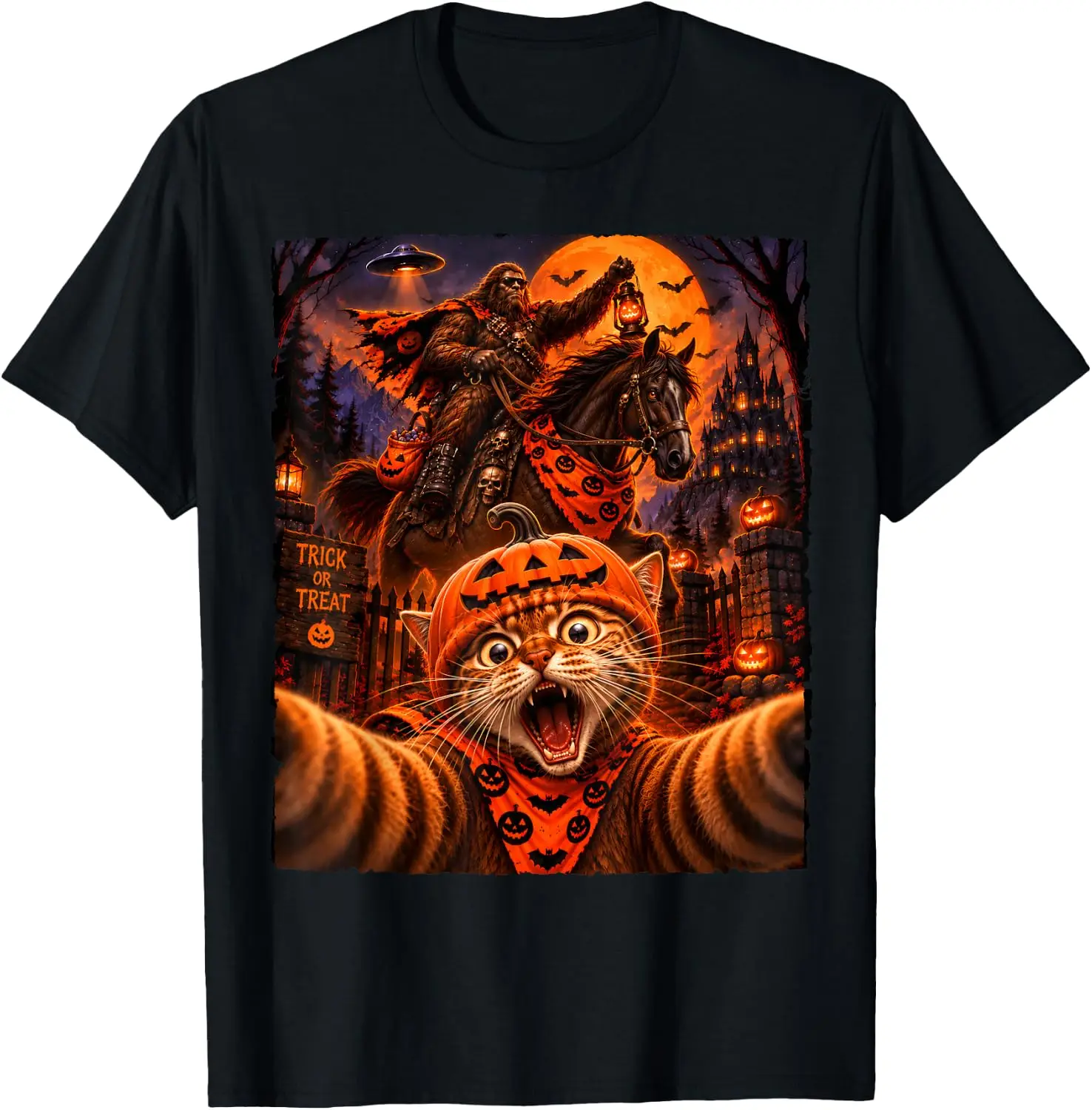 Funny Mens Halloween Sasquatch Cat Selfie Graphic Spooky T-Shirt Breathable, heavyweight pure cotton short-sleeve top—stylish, plus-size, and suitable for year-round wear with a sporty, casual vibe